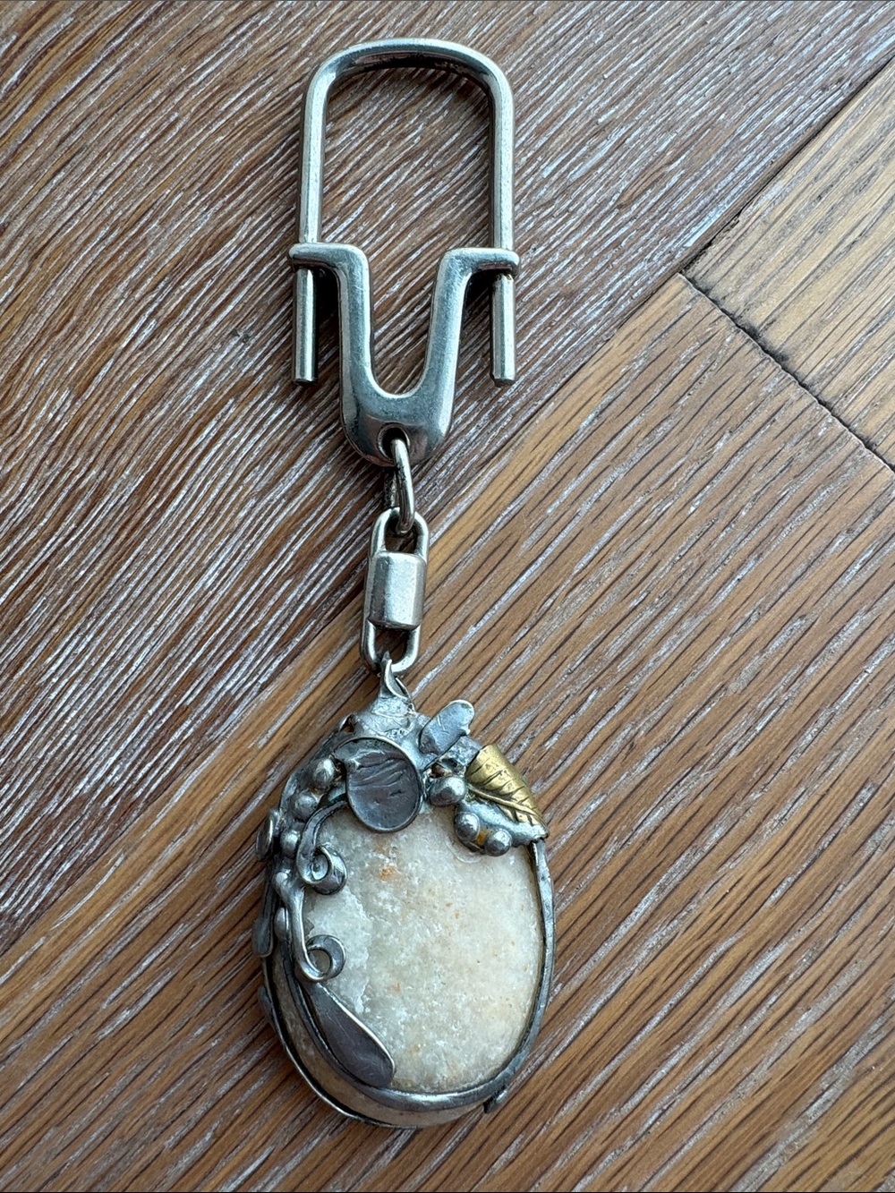 Handcrafted Silver and Cream Stone Pendant Keychain - Artisan Jewelry